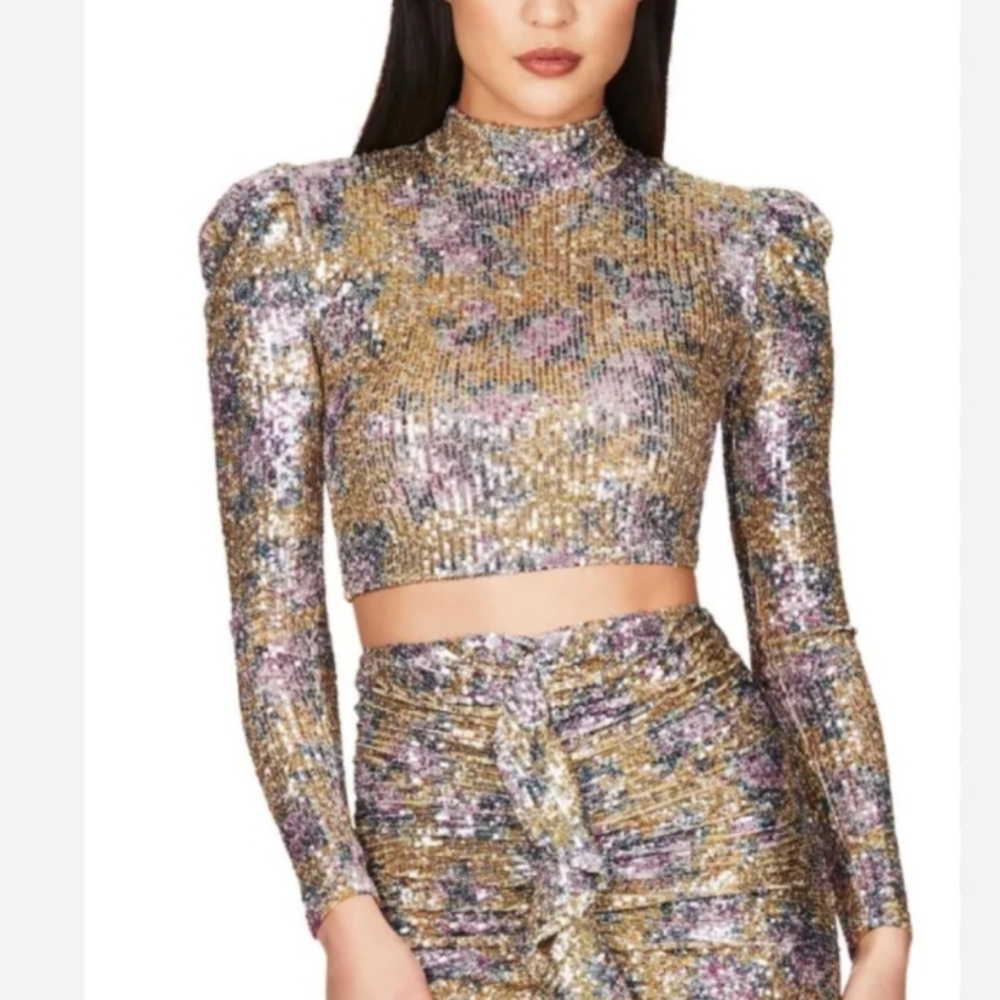 Nookie Gold and Silver Sequin Long Sleeve Crop Top
